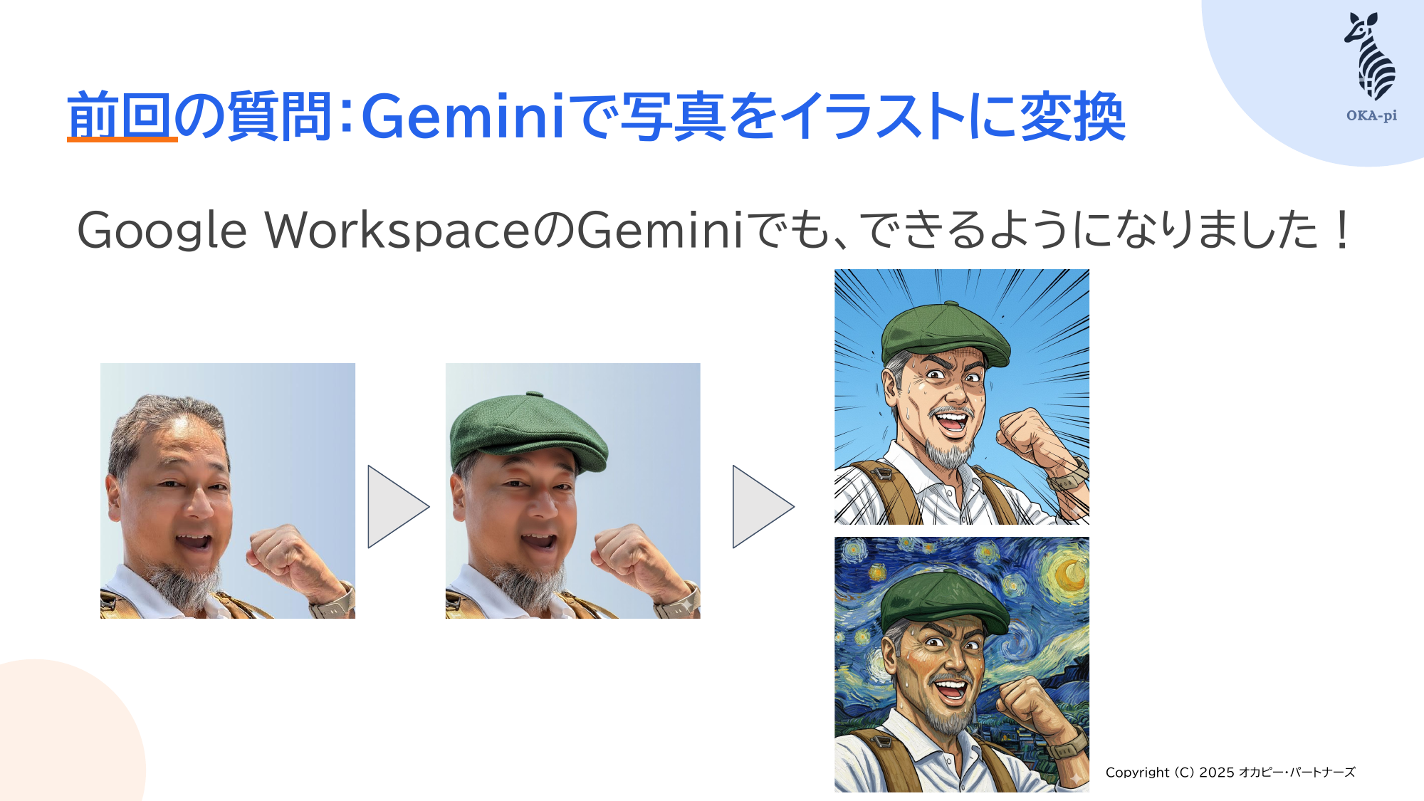 第3回のスライド：Google WorkspaceのGeminiで写真をイラストに変換できるようになり、写真から2種類のイラスト風画像が生成された画面